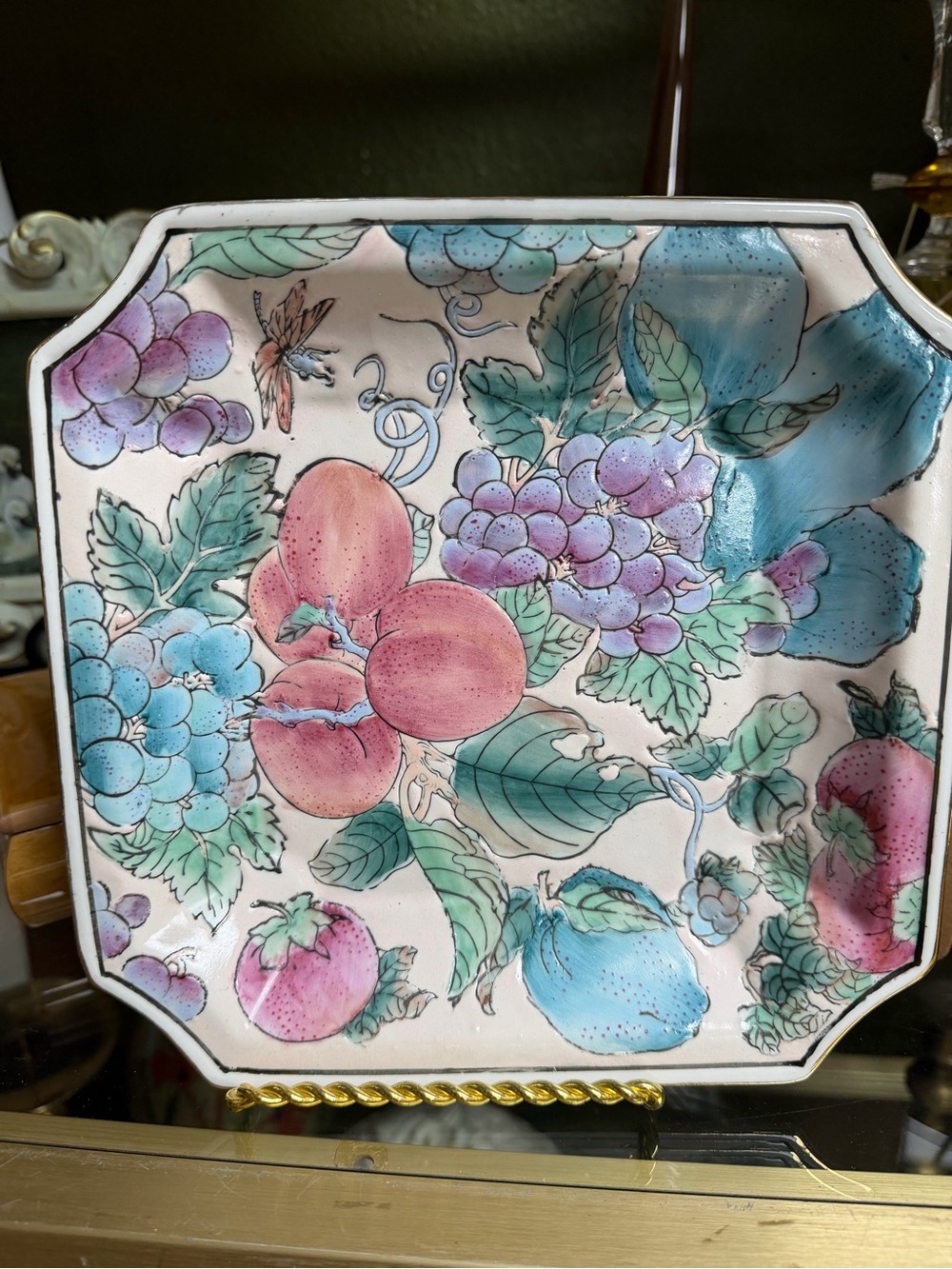 Chinoiserie Hand-Painted Fruit Motif Ceramic Wall Plate in Pink, Blue & Green